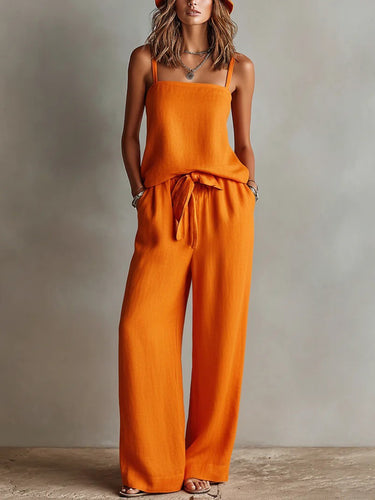 1783291 Loose Plus Size Pockets Solid Color Tied Spaghetti-Neck Vest Top + Pants Bottom Two Pieces Set