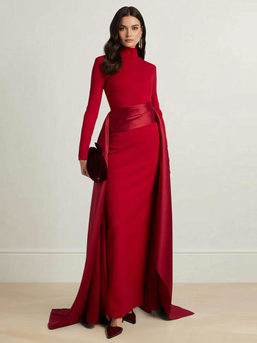 1725202 Bodycon Elasticated Waist Asymmetric Solid Color Split-Joint High Neck Maxi Dresses