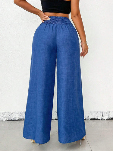 1780418 High Waisted Loose Elasticity Solid Color Pants Trousers