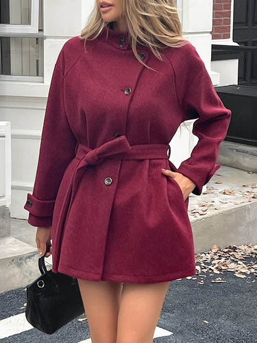 1731501 Long Sleeves Loose Buttoned Solid Color Split-Joint Tied Waist Stand Collar Coats Outerwear