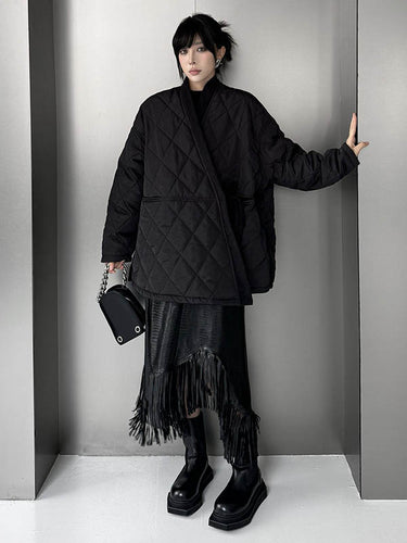 1720264 Long Sleeves Loose Plaid Quilted Solid Color Split-Joint Tied Collarless Outerwear Padded Coat