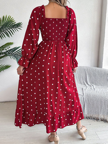 1756112 High Waisted Long Sleeves Pleated Polka Dot Ruffled Square-Neck Maxi Dresses Shirt Dress