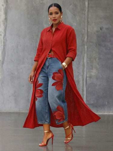 Loose Wide Leg Flower Print No Belt Pockets Jean Pants Bottoms Ninth Pants