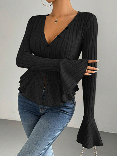 1737284 Flared Sleeves Long Sleeves Buttoned Ruffled Solid Color Split-Joint Deep V-Neck T-Shirts Tops