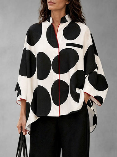 Polka-Dot Contrast Color Three-quarter Sleeves Loose Stand Collar Blouses&shirts Tops