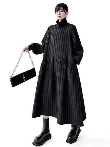 1720218 A-Line Long Sleeves Embossed Pockets Quilted Solid Color Split-Joint High Neck Midi Dresses Sweater Dresses