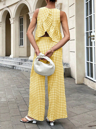 1768655 A-Line Loose Plaid Pleated Split-Joint Round-Neck Vest Top + Pants Bottom Suits