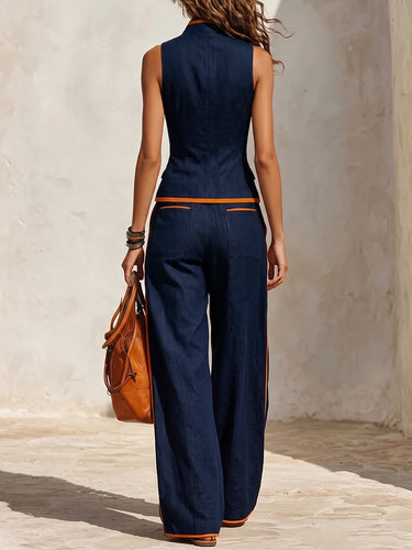 1787651 Sleeveless Buttoned Contrast Color Pockets Split-Joint V-Neck Blouses&Shirts Tops