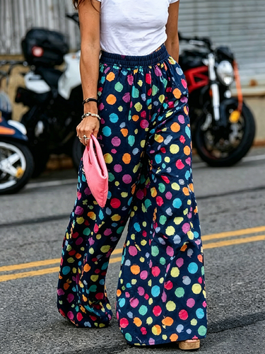 1777577 High Waisted Wide Leg Contrast Color Elasticity Pockets Polka Dot Pants Trousers