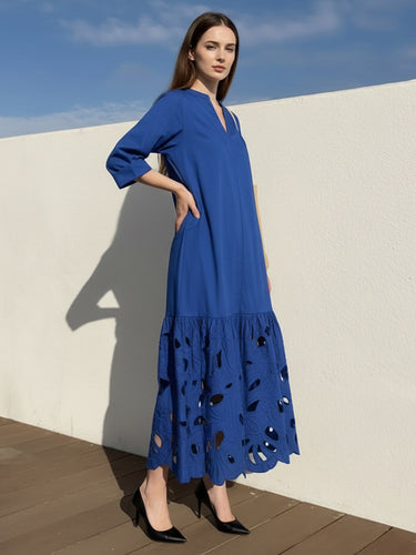 1745614 A-Line Long Sleeves Hollow Pleated Solid Color Split-Joint V-Neck Maxi Dresses
