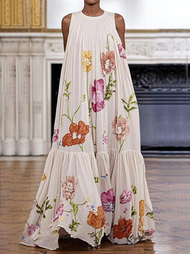 Vestidos de noche de cuello redondo con unión de cuello redondo plisado con estampado floral en línea A