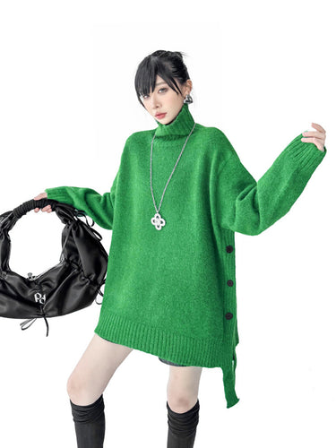 1734809 Irregularity Long Sleeves Buttoned Ribs Solid Color Split-Joint High Neck Sweater Tops