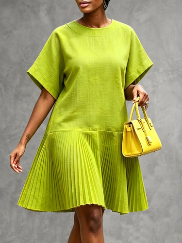 Loose Short Sleeves Pleated Solid Color Split-Joint Round-Neck Mini Dr – Uoozee official