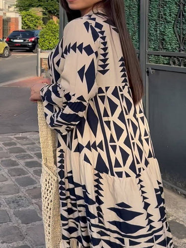 1752889 A-Line Long Sleeves Buttoned Contrast Color Pleated Printed Split-Joint Stand Collar Maxi Dresses Shirt Dress