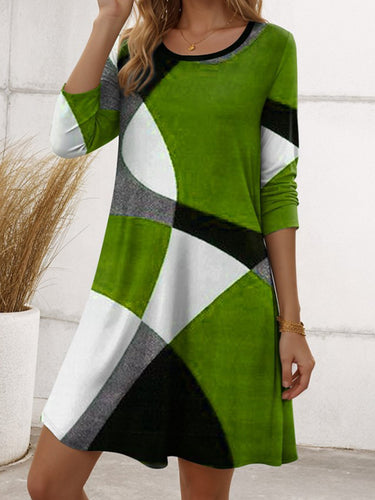 1722481 A-Line Irregularity Asymmetric Printed Split-Joint Striped Round-Neck Midi Dresses