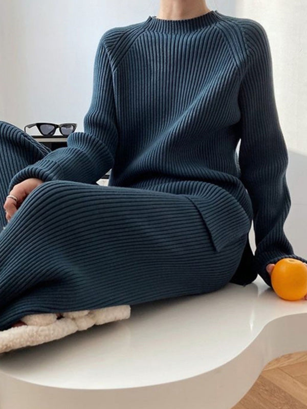 Retro Loose Splicing V-neck Sweater + Wide-leg Pants Suit