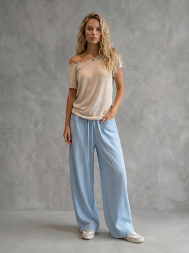 1772678 Loose Wide Leg Drawstring Pockets Solid Color Pants