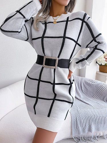 1713382 Elasticated Waist Long Sleeves Belted Contrast Color Plaid Round-Neck Mini Dresses Sweater Dresses