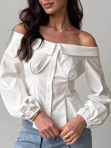 Mangas compridas Elasticidade abotoada Bolsos de cor sólidos Bloups & Shirts Tops fora do ombro