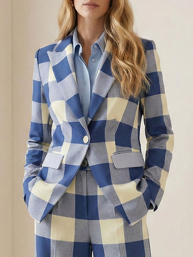 Long Sleeves Loose Buttoned Contrast Color Plaid Pockets Notched Collar Blazer Outerwear