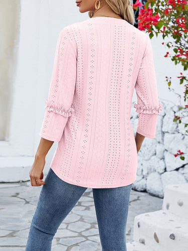 1497380 Loose Three-Quarter Sleeves Jacquard Solid Color V-Neck T-Shirts Tops