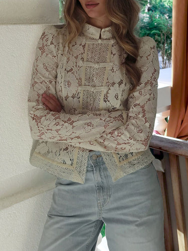 1748696 Long Sleeves Crochet Hollow Knot Solid Color Split-Joint Stand Collar Blouses&Shirts Tops