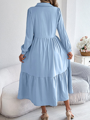 1713676 High Waisted Long Sleeves Pleated Ruffled Solid Color Lapel Midi Dresses Shirt Dress