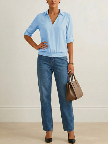 1733988 Half Sleeves Solid Color Split-Joint Lapel Blouses&Shirts Tops