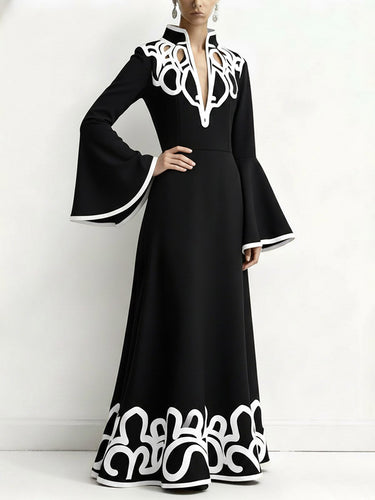 A-Line Flared Sleeves Abstract Printed Contrast Color Hollow Line Split-Joint Stand Collar Maxi Dresses