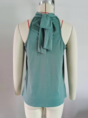 1499328 Loose Sleeveless Bow-Embellished Solid Color High Neck Tank Top