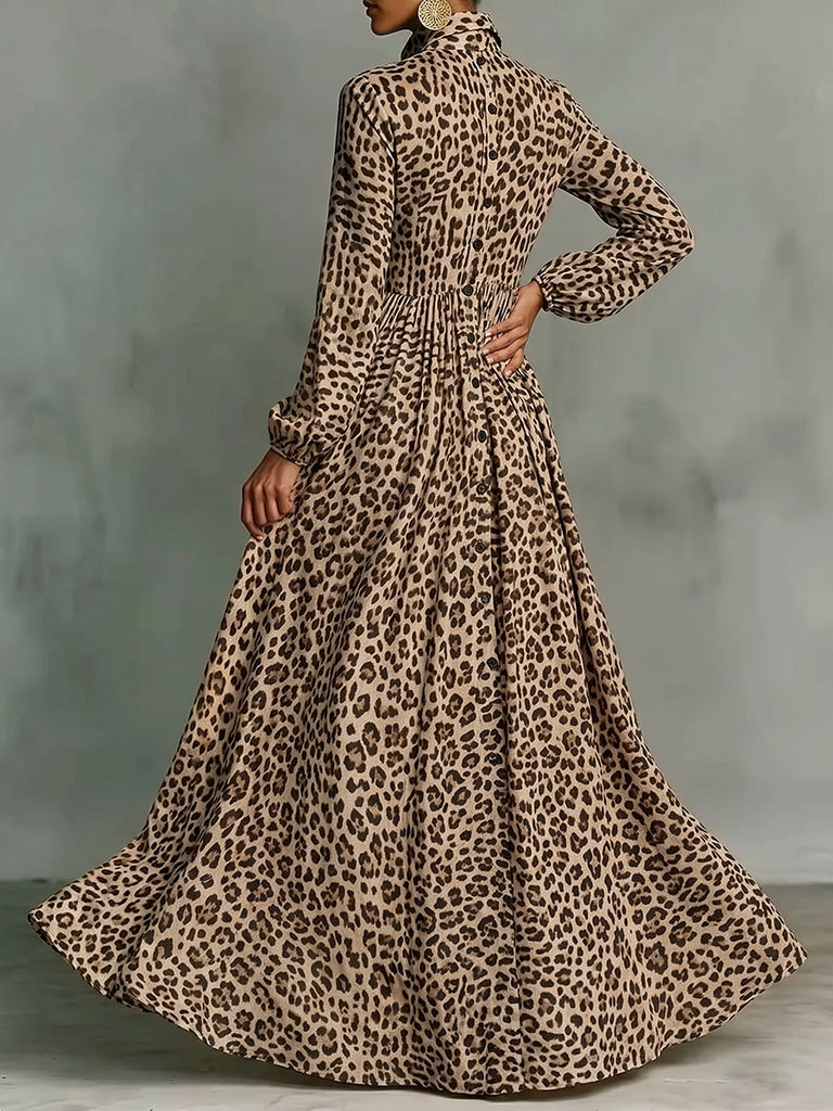 Leopard Print Buttoned Lapel Maxi Dress  Uoozee official