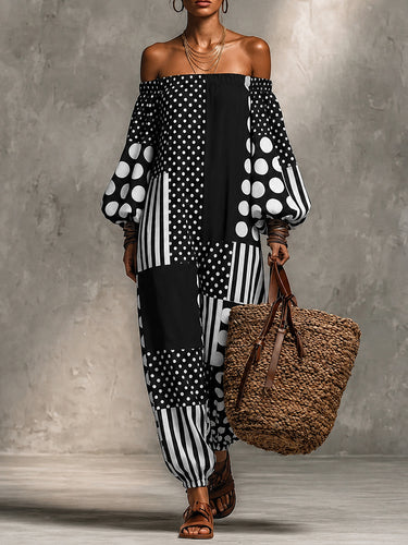 Long Sleeves Puff Sleeves Contrast Color Elasticity Polka Dot Split-Joint Striped Off-The-Shoulder Jumpsuits