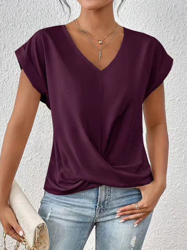 1768328 Lockere, kurze Ärmel, plissierte, einfarbige T-Shirts mit V-Ausschnitt