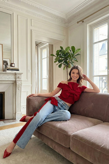 Wide Leg Bow-Embellished Contrast Color Jean Pants Bottoms