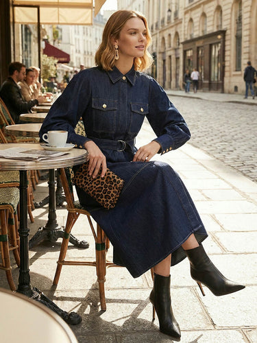 Puff Sleeves Belted Buttoned Pockets Split-Joint Lapel Midi Dresses