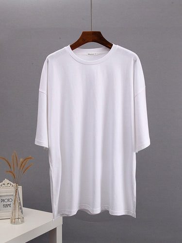 1784031 Loose Short Sleeves Solid Color Split-Side Round-Neck T-Shirts Tops