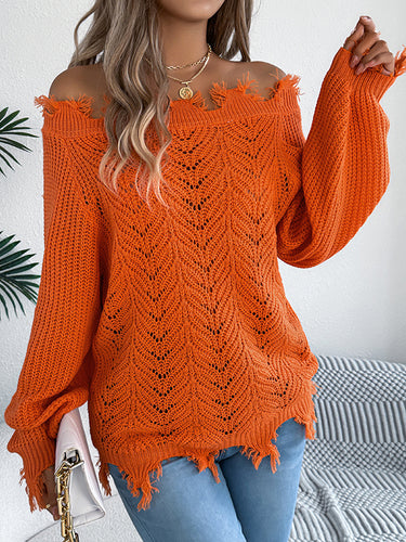 1713310 Long Sleeves Hollow Knitted Leaves Ribbed Knit See-Through Solid Color Off-The-Shoulder Sweater Tops