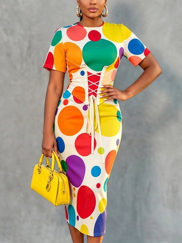 1779158 Bodycon Short Sleeves Colorful Contrast Color Polka Dot Split-Back Split-Joint Tied Round-Neck Midi Dresses
