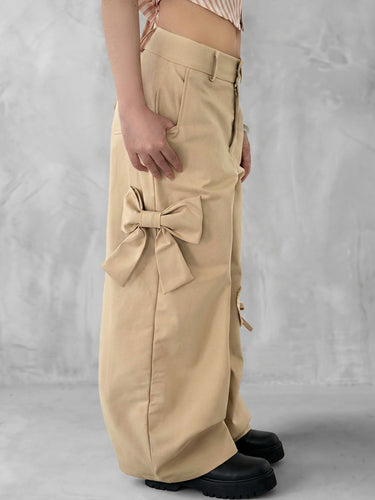 1784360 High Waisted Loose Bowknot Buttoned Pockets Solid Color Split-Joint Zipper Pants Trousers