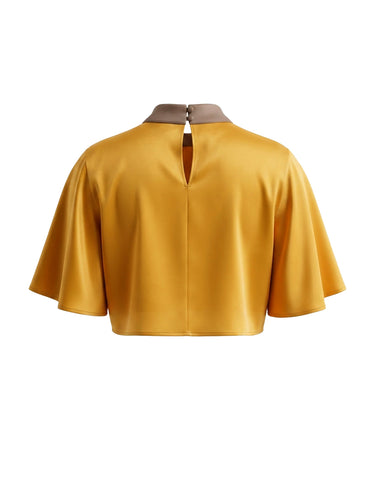 Cropped Flared Sleeves Contrast Color Pleated Stand Collar Blouses&Shirts Tops