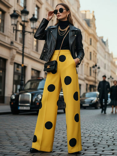 Elasticated Waist High Waisted Contrast Color Pockets Polka-Dot Split-Joint Pants