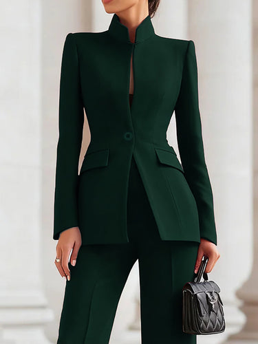 Long Sleeves Buttoned Pockets Solid Color Stand Collar Blazer Outerwear