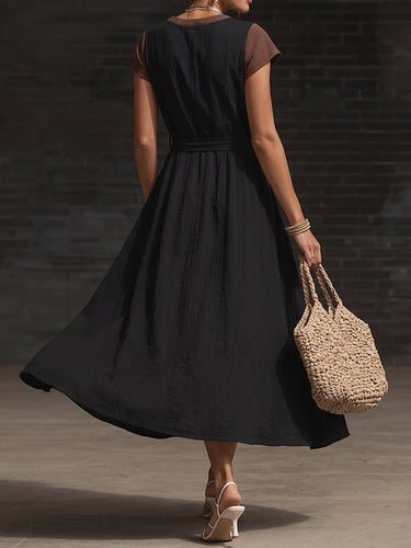 1786687 High Waisted Loose Contrast Color Pockets Tied Waist V-Neck Maxi Dresses