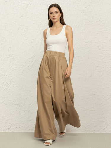 Elasticated Waist High Waisted Pleated Pockets Solid Color Pants