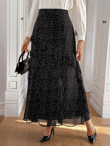 1785352 A-Line High Waisted Contrast Color Layered Polka-Dot Ruffled Split-Joint Skirts Bottoms