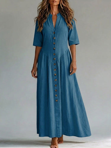 1785837 Half Sleeves Puff Sleeves Buttoned Pleated Solid Color Split-Joint Deep V-Neck Maxi Dresses