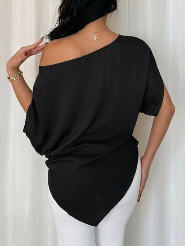 1777514 Batwing Sleeves Loose Asymmetric Knot Solid Color One-Shoulder Blouses&Shirts Tops