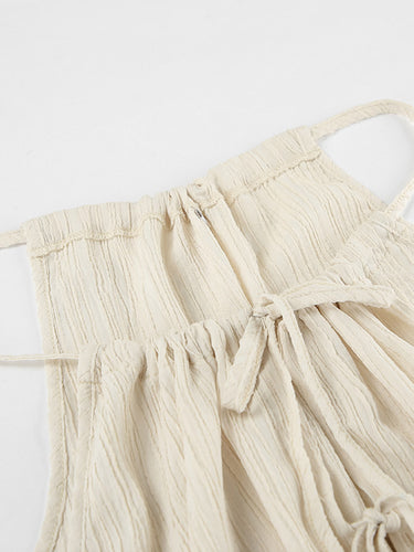 1748654 Cor sólida halter-pescoço recortado plissado split-joint tank top + cintura alta elasticidade amarrada calças de cintura conjunto de duas peças