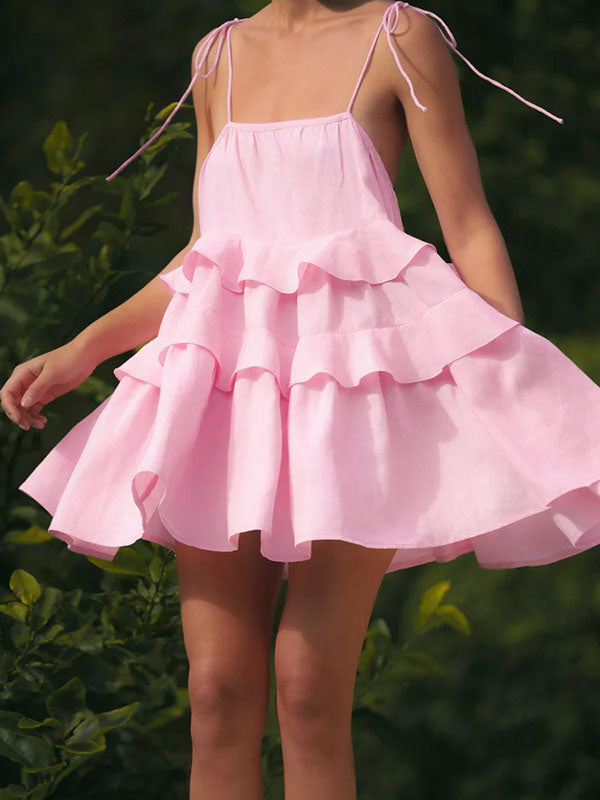 Backless Layered Pleated Solid Color A-Line High Waisted Spaghetti-Neck Mini Dresses