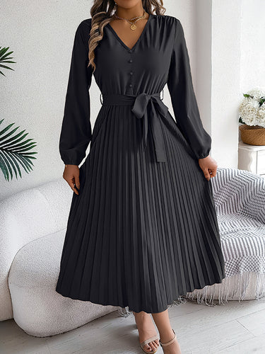1713864 High Waisted Long Sleeves Belted Buttoned Pleated Solid Color V-Neck Maxi Dresses